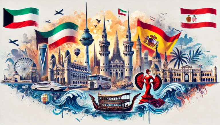 Kuwait and Spain, cultural illustration, Kuwait Towers, Al Hamra Tower, Sagrada Familia, Plaza de España, Spain-Kuwait connection, travel illustration, international friendship, cultural exchange