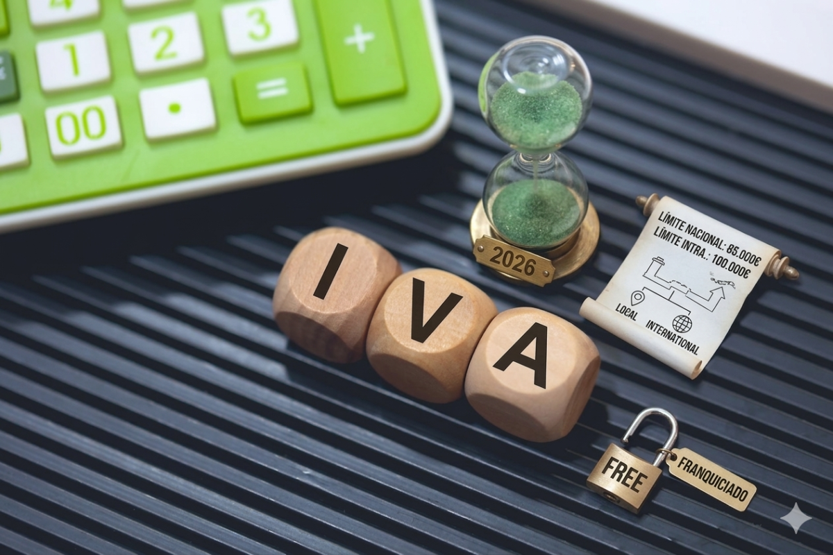 Iva Franquiciado En España 2026: Límites, Ventajas Y Análisis Completo Para Autónomos 2 Dados de madera con las siglas IVA junto a un reloj de arena y candado abierto, simbolizando el nuevo régimen de franquicia del IVA 2026 en España.